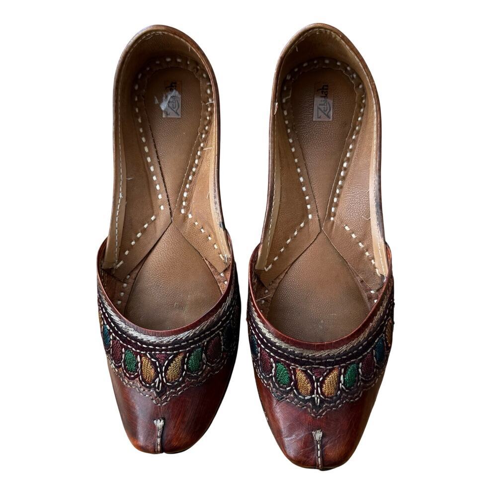 Women's Handmade Brown Leather Indian Mojari Jutti Embroidered Flats Shoes Sz 7